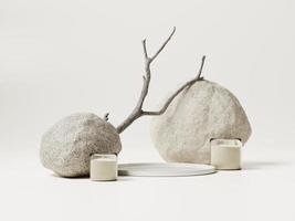 3d minimal display podiums with dried tree branch, stones and candles on white background. 3d rendering of abstract presentation for product advertising. 3d minimal illustration. photo