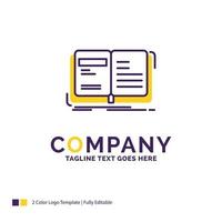 Company Name Logo Design For Author. book. open. story. storytelling. Purple and yellow Brand Name Design with place for Tagline. Creative Logo template for Small and Large Business. vector