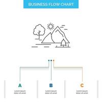 hill. landscape. nature. mountain. sun Business Flow Chart Design with 3 Steps. Line Icon For Presentation Background Template Place for text vector