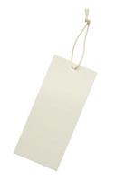 Blank price tag tied with string isolated on white background photo