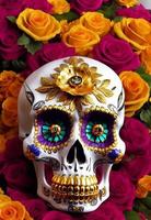 Dia de los muertos traditional calavera sugar skull decorated with flowers the day of the dead illustration photo