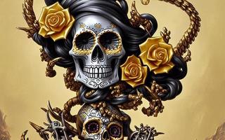 Skull made of gold with flowers  and vines spooky background for day of the dead photo
