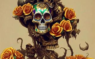 Skull made of gold with flowers  and vines spooky background for day of the dead photo
