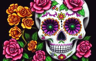 Dia de los muertos traditional calavera sugar skull decorated with flowers the day of the dead illustration photo
