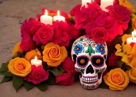 Dia de los muertos mexican day of the dead table composition with skull,candles,flowers photo