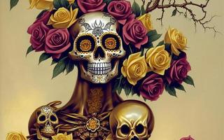Skull made of gold with flowers  and vines spooky background for day of the dead photo