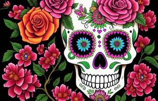 Dia de los muertos traditional calavera sugar skull decorated with flowers the day of the dead illustration photo