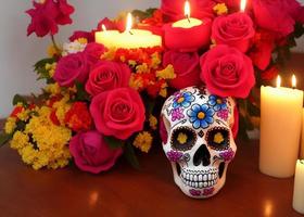 Dia de los muertos mexican day of the dead table composition with skull,candles,flowers photo