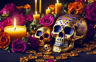 calavera dorada para dia de los muertos - dia de muertos con velas y flores foto