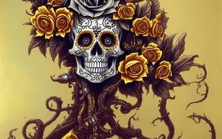 Skull made of gold with flowers  and vines spooky background for day of the dead photo
