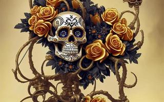 Skull made of gold with flowers  and vines spooky background for day of the dead photo
