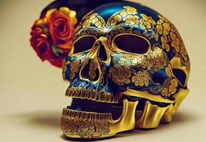 Skull made of gold with flowers  and vines spooky background for day of the dead photo