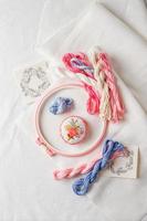 Embroidery set. Linen fabric, embroidery patterns, embroidery hoop, colorful threads and needls. photo