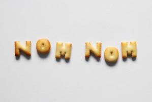 An inscription from the cookies on the white background. Text - nom nom. photo