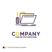 Company Name Logo Design For folder. tool. repair. resource. service. Purple and yellow Brand Name Design with place for Tagline. Creative Logo template for Small and Large Business. vector