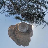 abstraction of little planet as fragment of rock with tree with wide crown. Transformation of spherical panorama 360 degrees. Spherical abstract aerial view. Curvature of space. photo