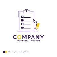 Company Name Logo Design For checklist. check. expertise. list. clipboard. Purple and yellow Brand Name Design with place for Tagline. Creative Logo template for Small and Large Business. vector