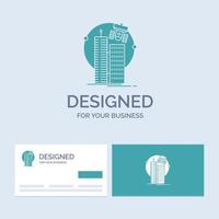 building. smart city. technology. satellite. corporation Business Logo Glyph Icon Symbol for your business. Turquoise Business Cards with Brand logo template. vector