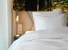 un fragmento de un dormitorio con un diseño interior moderno y acogedor de una casa u hotel. almohada suave y manta, muebles elegantes y cómodos. foto