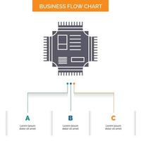 chip. UPC. pastilla. procesador. diseño de diagrama de flujo de negocio de tecnología con 3 pasos. icono de glifo para el lugar de plantilla de fondo de presentación para texto. vector