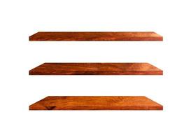 Beautiful brown wood shelves isolated on white background with copy space and clipping path for your product or design photo