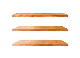 Beautiful brown wood shelves isolated on white background with copy space and clipping path for your product or design photo