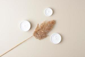 Jars of cosmetic cream with pampas on pastel beige background. Flat lay photo