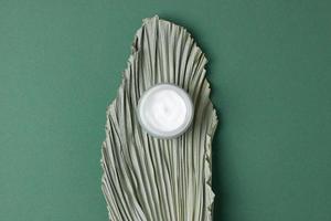 tarro de crema cosmética con rama de palma de hoja sobre fondo de oliva oscuro. endecha plana, espacio de copia foto