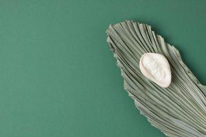 Collagen powder with palm leaf on green background. Flat lay, copy space photo