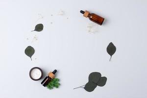 Skin care products on white background with eucalyptus, moss. Flat lay, copy space. photo