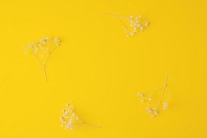 Cosmetic background with flowers on yellow. Flat lay, copy space photo