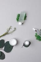 Cosmetic skin care products with eucalyptus and moss on grey background. Flat lay. photo