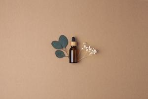 Cosmetic bottle with flowers and eucalyptus on brown background. Flat lay, copy space photo