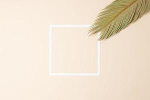 Tropical background with palm leaf and white frame on pastel beige. Flat lay, copy space photo