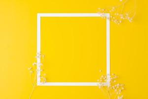 White frame with gypsophila on yellow background. Flat lay, copy space. photo