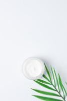 Jar of cosmetic cream with leaf palm branch on white background. Flat lay, copy space photo