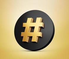 signo de hashtag dorado con círculo negro sobre fondo blanco, ilustración 3d foto