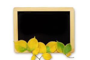 Black chalkboard with yellow and green leaves on white isolated background. Concept back to school, autumn, thanksgiving. Copy space photo