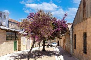 israel, jerusalén viejas calles estrechas del barrio histórico de nahlaot con muchas pequeñas sinagogas foto