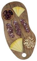 Wooden food plate with sausage cheese olives and peanuts photo