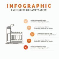 fábrica. industrial. industria. fabricación. plantilla de infografía de producción para sitio web y presentación. icono de línea gris con ilustración de vector de estilo infográfico naranja