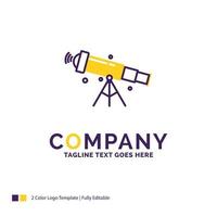 Company Name Logo Design For telescope. astronomy. space. view. zoom. Purple and yellow Brand Name Design with place for Tagline. Creative Logo template for Small and Large Business. vector