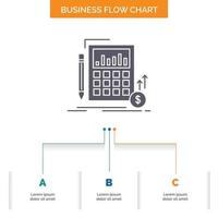 cálculo. datos. financiero. inversión. diseño de diagrama de flujo de negocios de mercado con 3 pasos. icono de glifo para el lugar de plantilla de fondo de presentación para texto. vector