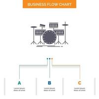 tambor. batería. instrumento. equipo. diseño de diagrama de flujo de negocios musicales con 3 pasos. icono de glifo para el lugar de plantilla de fondo de presentación para texto. vector