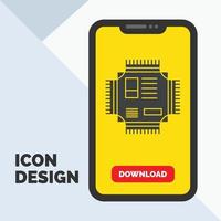 chip. UPC. pastilla. procesador. icono de glifo de tecnología en el móvil para la página de descarga. fondo amarillo vector