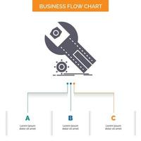 settings. App. installation. maintenance. service Business Flow Chart Design with 3 Steps. Glyph Icon For Presentation Background Template Place for text. vector