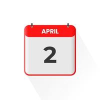 2nd April calendar icon. April 2 calendar Date Month icon vector illustrator