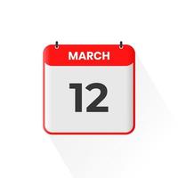 12th March calendar icon. March 12 calendar Date Month icon vector illustrator