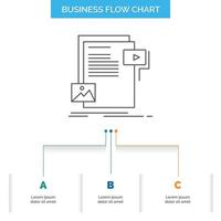 datos. documento. expediente. medios de comunicación. diseño de diagrama de flujo de negocios de sitio web con 3 pasos. icono de línea para el lugar de plantilla de fondo de presentación para texto vector