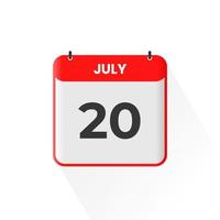 Icono del calendario del 20 de julio. 20 de julio calendario fecha mes icono vector ilustrador